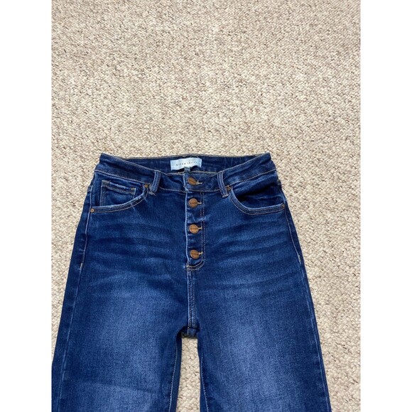 RISEN High-Rise Exposed Button Fly Dark Wash Crop Flare Raw Hem 7/28 - Picture 2 of 8